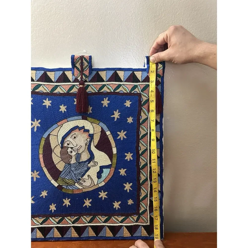 Hand Embroidered Nakshi Kantha Wall Tapestry Virgin Mary & Baby Jesus 18x18